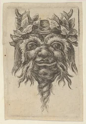Masque de satyre avec une barbe en spirale et du lierre autour de chaque corne