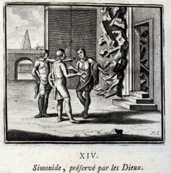 Simonide préservé par les dieux. Fables de Jean de La Fontaine. Illustration de François Chauveau. Édition de 1728.
