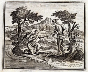 Le bûcheron et Mercure. Fables de Jean de La Fontaine (1621-95). Illustration de François Chauveau (1613-1676). Édition de 1728.