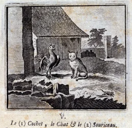 Le Coq, le Chat et la Souris. Fables de Jean de La Fontaine (1621-95). Illustration de François Chauveau (1613-1676). Édition de 1728.