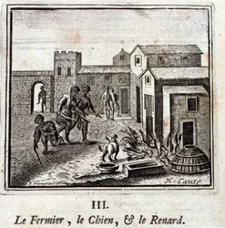 Le fermier, le chien et le renard. Fables de Jean de La Fontaine (1621-95). Illustration de François Chauveau (1613-1676). Édition de 1728.