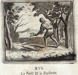 La forêt et le bûcheron. Fables de Jean de La Fontaine (1621-95). Illustration de François Chauveau (1613-1676). Édition de 1728.