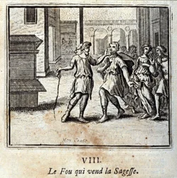 Le fou qui vend la sagesse. Fables de Jean de La Fontaine (1621-95). Illustration de François Chauveau (1613-1676). Édition de 1728.