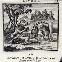 La génisse, la chèvre et la brebis en société avec le lion