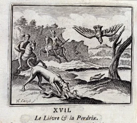 Le lièvre et la perdrix. Fables de Jean de La Fontaine (1621-95). Illustration par François Chauveau (1613-1676). Édition de 1728.