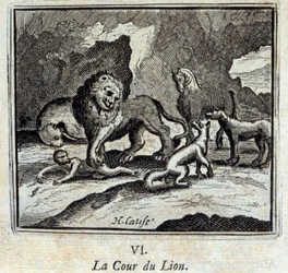 La Cour du Lion. Fables de Jean de La Fontaine. Illustration de François Chauveau. Édition de 1728