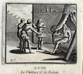 Le vieil homme et ses enfants. Fables de Jean de La Fontaine (1621-95). Illustration de François Chauveau (1613-1676). Édition de 1728.