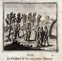 Le vieil homme et les trois jeunes hommes. Fables de Jean de La Fontaine (1621-95). Illustration de François Chauveau (1613-1676). Édition de 1728.