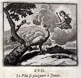Le Paon se plaignant à Junon. Fables de Jean de La Fontaine (1621-95). Illustration de François Chauveau (1613-1676). Édition de 1728.