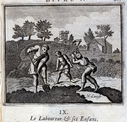 Le pleureur et ses enfants. Fables de Jean de La Fontaine (1621-95). Illustration de François Chauveau (1613-1676). Édition de 1728.