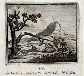 Le Corbeau, la Gazelle, la Tortue et le Rat. Fables de Jean de La Fontaine (1621-95). Illustration de François Chauveau (1613-1676). Édition de 1728.