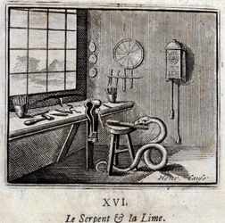 Le serpent et le tilleul. Fables de Jean de La Fontaine (1621-95). Illustration par François Chauveau (1613-1676). Édition de 1728.