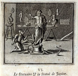 Le Sculpteur et la statue de Jupiter. Fables de Jean de La Fontaine (1621-95). Illustration de François Chauveau (1613-1676). Édition de 1728.