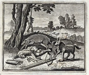 Le loup et le chasseur. Fables de Jean de La Fontaine (1621-95). Illustration de François Chauveau (1613-1676). Édition de 1728.
