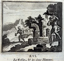 Le trésor et les deux hommes. Fables de Jean de La Fontaine (1621-95). Illustration par François Chauveau (1613-1676). Édition de 1728.
