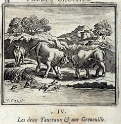 Les deux taureaux et une grenouille. Fables de Jean de La Fontaine (1621-95). Illustration de François Chauveau (1613-1676). Édition de 1728.