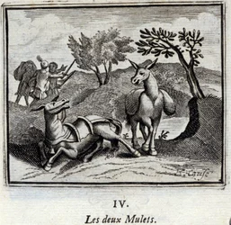 Les deux mulets. Fables de Jean de La Fontaine (1621-95). Illustration de François Chauveau (1613-1676). Édition de 1728.