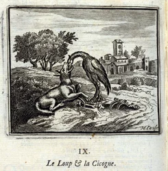 Le loup et la cigogne. Fables de Jean de La Fontaine (1621-95). Illustration de François Chauveau (1613-1676). Édition de 1728.