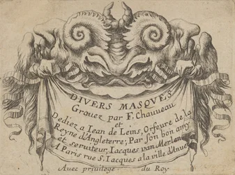 Planche de titre avec deux têtes de satyre, de Divers Masques