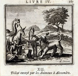 Tribut envoyé par les animaux à Alexandre. Fables de Jean de La Fontaine (1621-95). Illustration de François Chauveau (1613-1676). Édition de 1728.