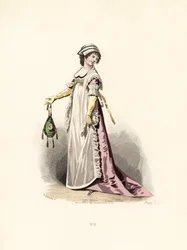 Femme en robe couleur pensée, tablier et châle