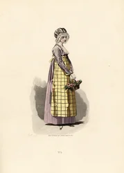 Femme en robe couleur pensée avec tablier couleur paille
