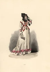 Femme en robe blanche ornée de bouffants roses