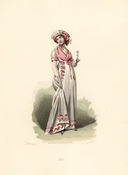 Femme en robe blanche, fichu rose et corsage