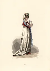 Femme en robe blanche avec garniture de velours noir