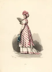 Femme en robe blanche avec garniture rose, tablier rayé
