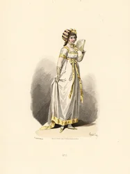 Femme en robe blanche avec garniture jaune avec éventail