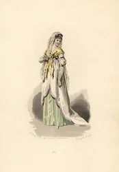 Femme en tunique blanche ornée de velours lilas