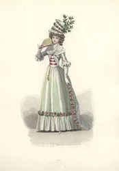 Femme en tenue ornée de fleurs, époque de Marie-Antoinette