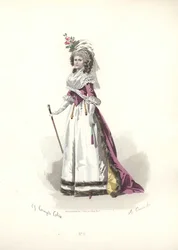 Femme en tenue bordée de fourrure, époque de Marie-Antoinette.