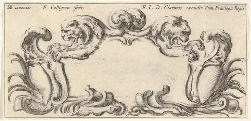 Planche 10 : un cartouche avec les têtes de deux lions de profil à gauche et à droite, vers 1640-45