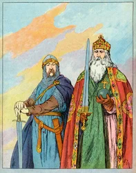 Le roi franc Charles le Grand et le chevalier français Roland de Roncevaux - Charlemagne et Le Chevalier Roland (736-778) - Illustration de François Zier (1856-1924) tirée de "Nos-Gires-Nationales" vers 1920