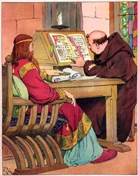 Le roi des Francs Charlemagne (742-814) parlant à Alcuin (731-804), moine anglais de York, précurseur de la réforme de l