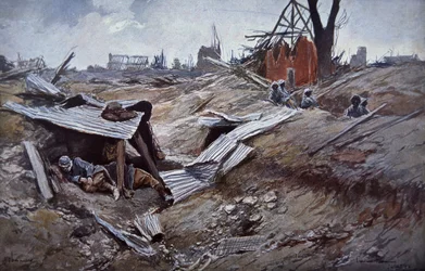 Première bataille de la Somme, juin - septembre 1916 : Troupes françaises dans le village en ruines de Dompierre