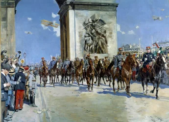 Première Guerre mondiale : « Défilé de la victoire le 14/07/1919 sur les Champs-Élysées à Paris » parmi les militaires, le maréchal Ferdinand Foch (1851-1929) et le maréchal Joseph Joffre (1852-1931). Peinture de François Flameng (1856-1919) 1919 Paris, Mu
