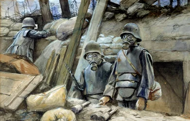 Première Guerre mondiale : Soldats allemands avec armure de tranchée et masque à gaz, août 1917