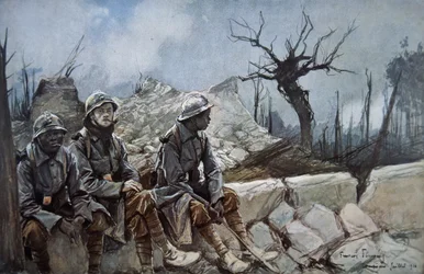 Les troupes françaises se reposent au milieu des ruines d