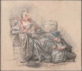 Femme lisant et fille jouant (présumée la marquise de Pompadour avec sa fille Alexandrine), 1748