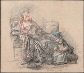 Femme lisant et une fille jouant Marquise de Pompadour avec sa fille Alexandrine, vers 1748