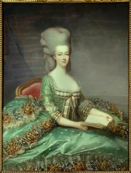 Portrait de Marie-Antoinette (1755-1793), reine de France. Ce portrait fut offert par la reine à son confesseur en 1781. Peinture de François Hubert Drouais (1727-1775), XVIIIe siècle, collection privée