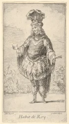 Habit de Roy : un homme portant un tonnelet décoré de rosettes, une couronne et un turban, vers 1721