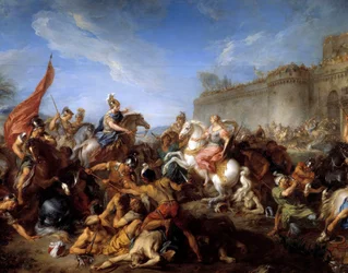 Tancrède donnant des armes à Clorinde, illustration pour le poème « La Jérusalem délivrée » (La Gerusalemme liberata) de Torquato Tasso, dit Le Muche