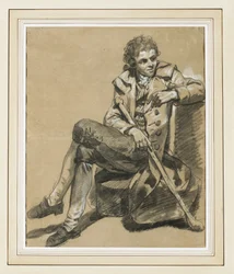 Un homme assis tenant une massue (fusain et craie blanche sur papier brun)
