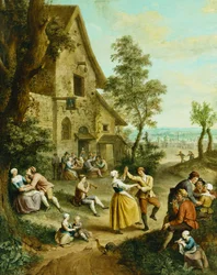 Paysans dansant et festoyant devant une taverne, une ville fortifiée au-delà
