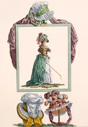 Jeune femme habillée en caraco pierrot tenant un fouet de voiture, gravée par Dupin, planche no.238 de 