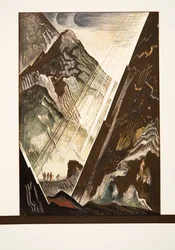Prométhée cloué au rocher par Héphaïstos, Kratos et Bia, de Prométhée Enchaîné par Eschyle, pub. 1941